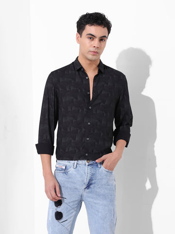Men's Black Regular Fit Printed Print Shirt