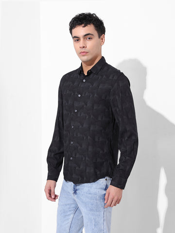 Men's Black Regular Fit Printed Print Shirt