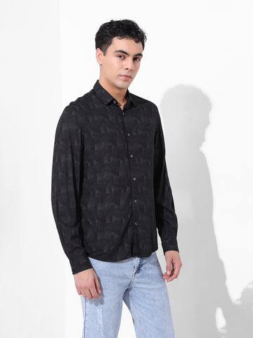 Men's Black Regular Fit Printed Print Shirt