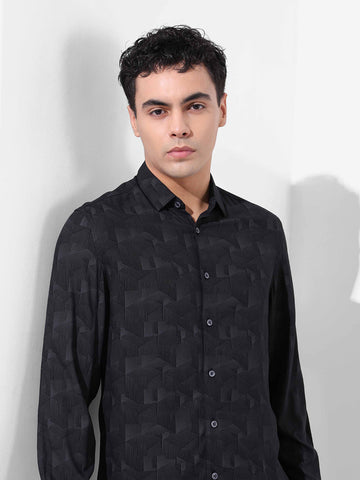 Men's Black Regular Fit Printed Print Shirt
