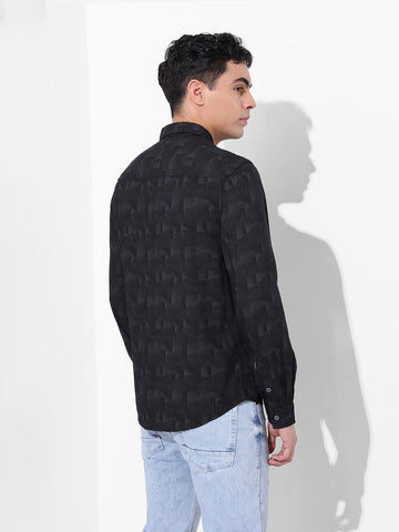 Men's Black Regular Fit Printed Print Shirt