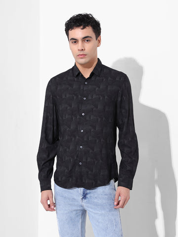 Men's Black Regular Fit Printed Print Shirt