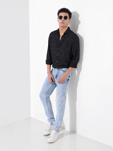 Men's Black Regular Fit Printed Print Shirt