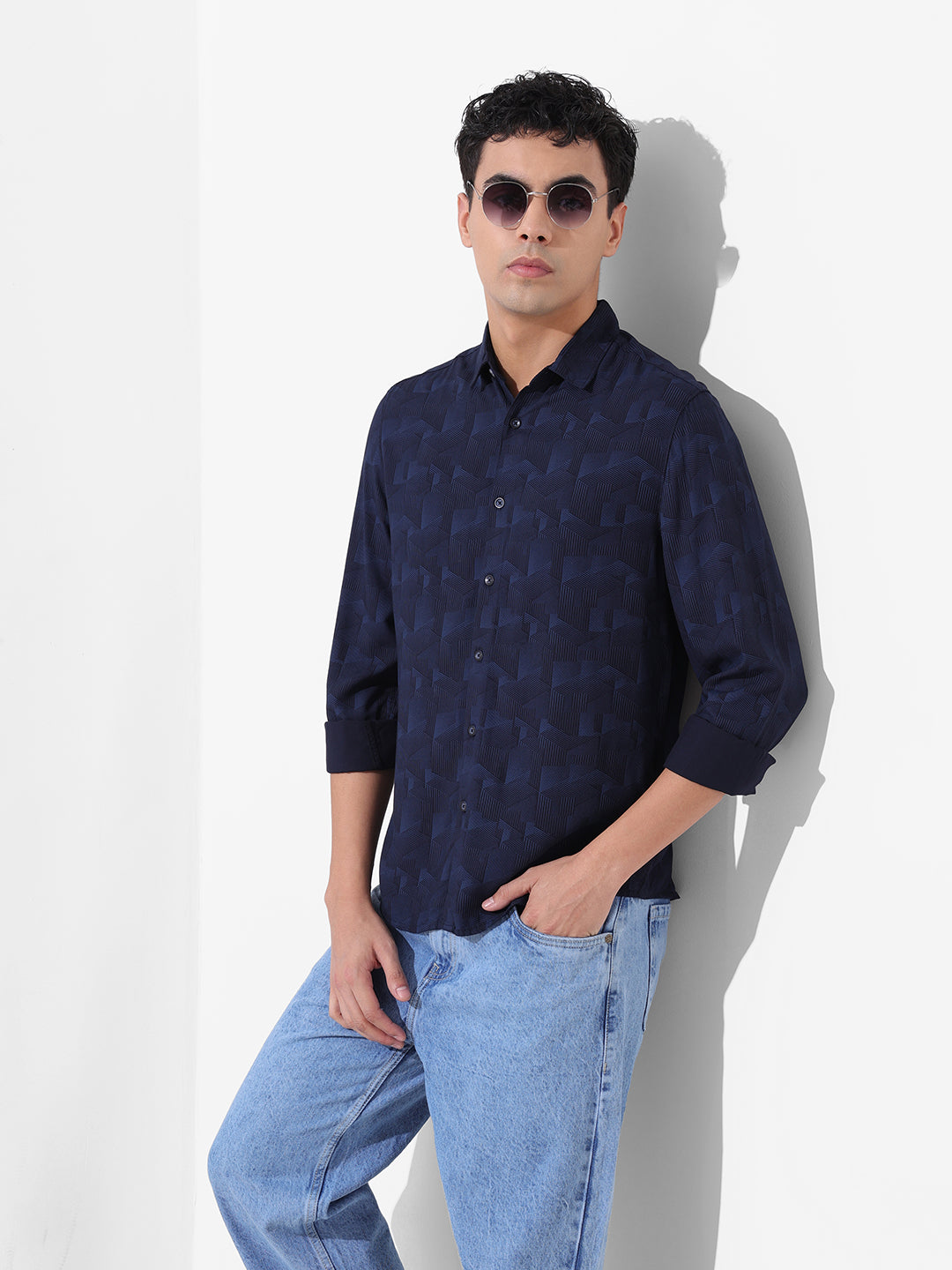Men's Blue Regular Fit Printed Print Shirt