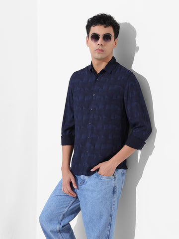 Men's Blue Regular Fit Printed Print Shirt