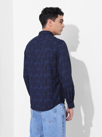 Men's Blue Regular Fit Printed Print Shirt