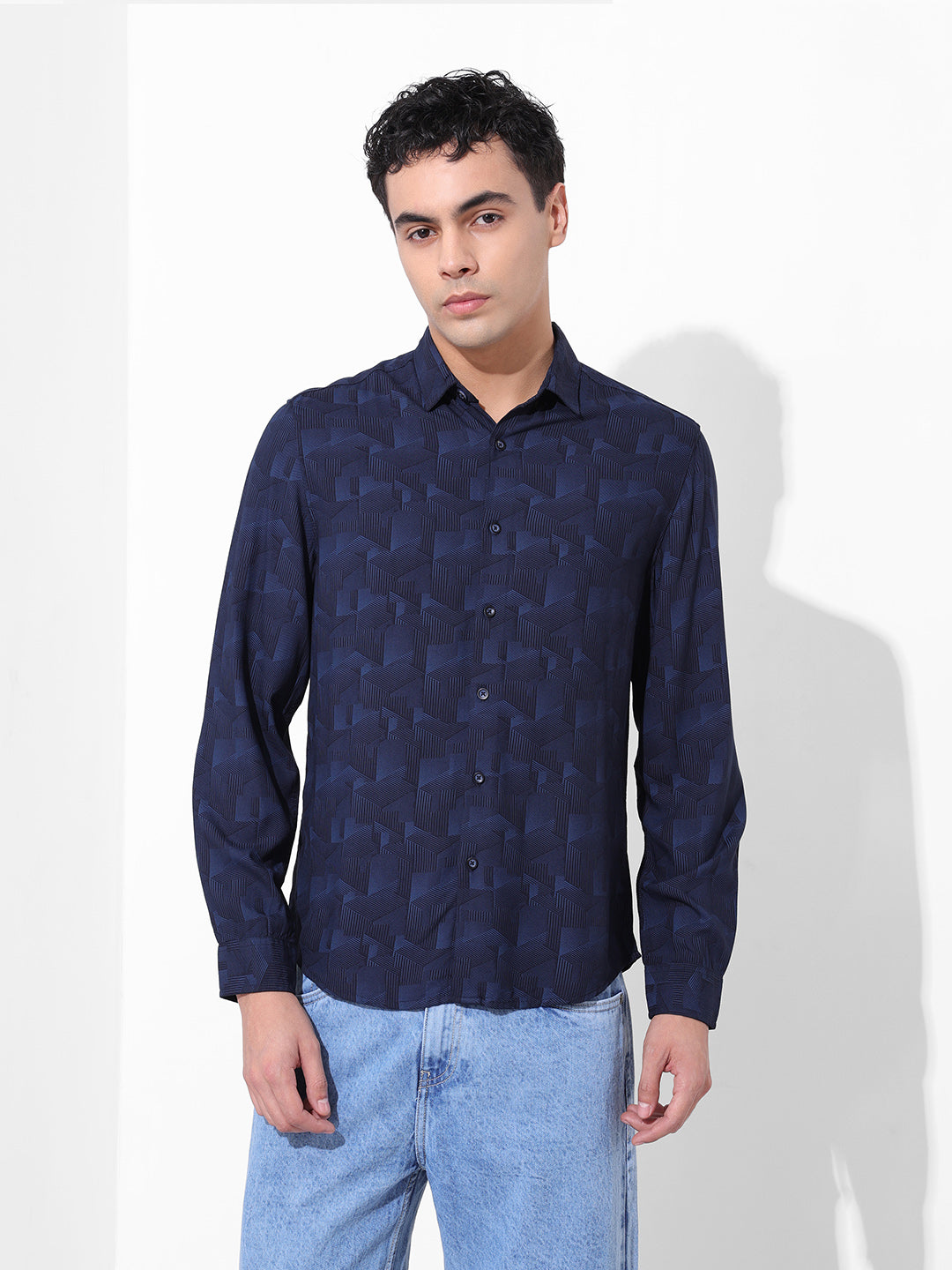Men's Blue Regular Fit Printed Print Shirt