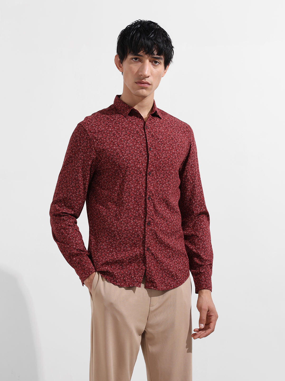 Men's Red Regular Fit Floral Printed Floral Shirt