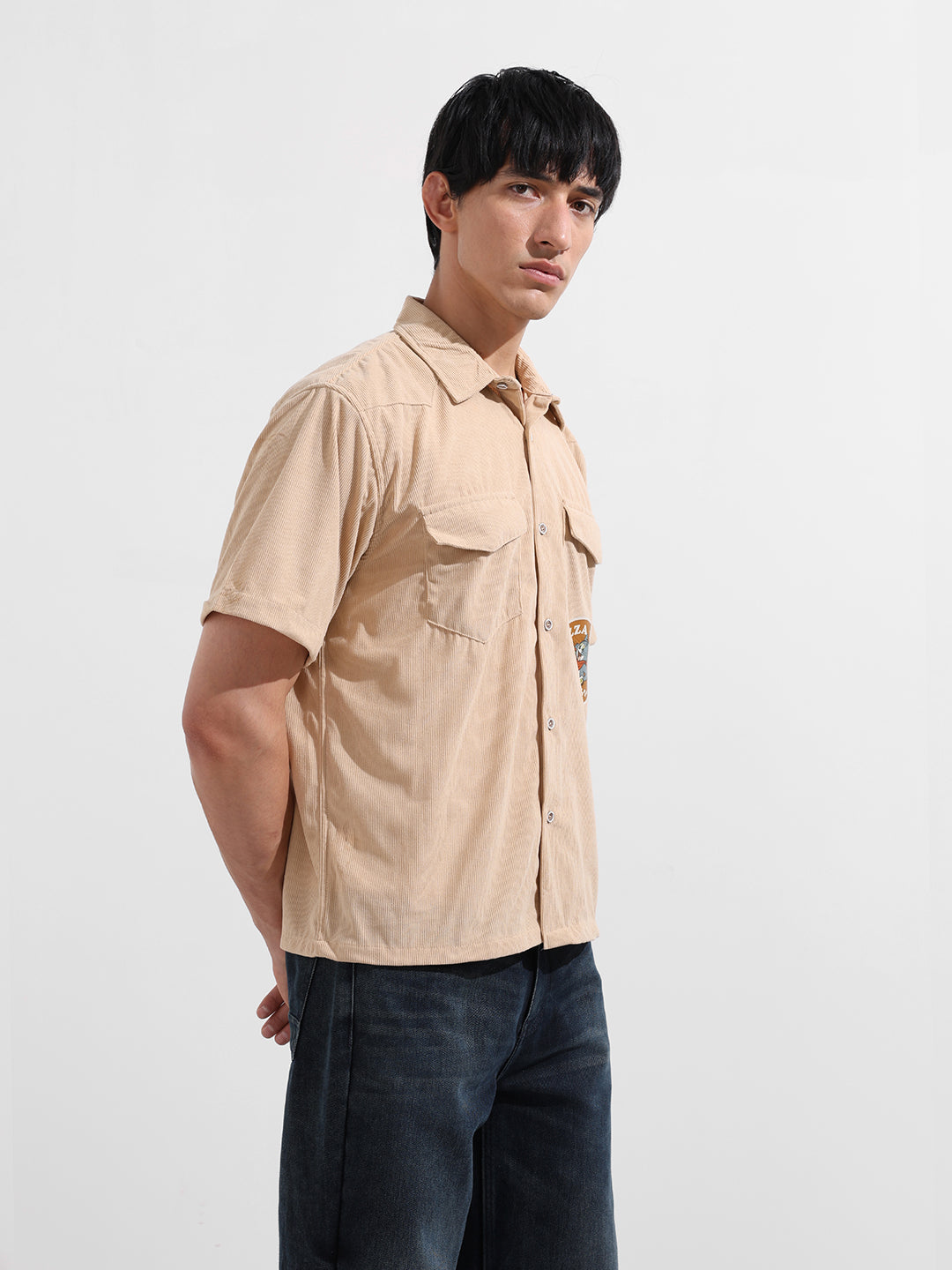 Men's Beige Boxy Fit Solid Character Shirt