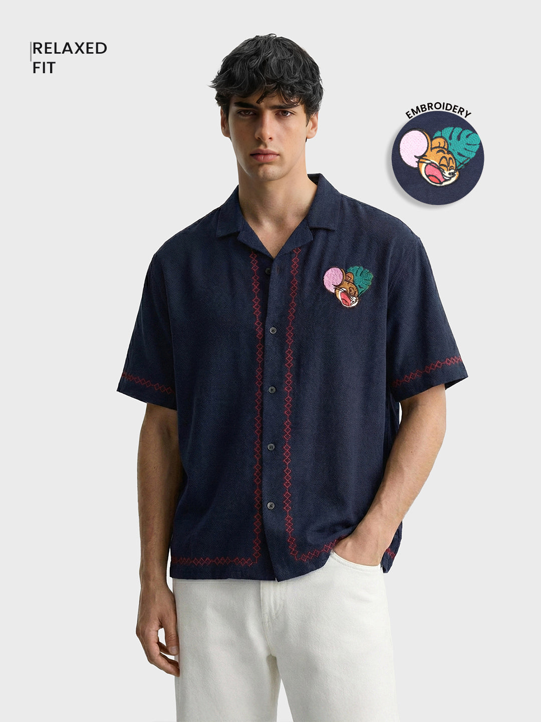 Men's Blue Relaxed Fit Embroidered Tom&Jerry Character Shirt