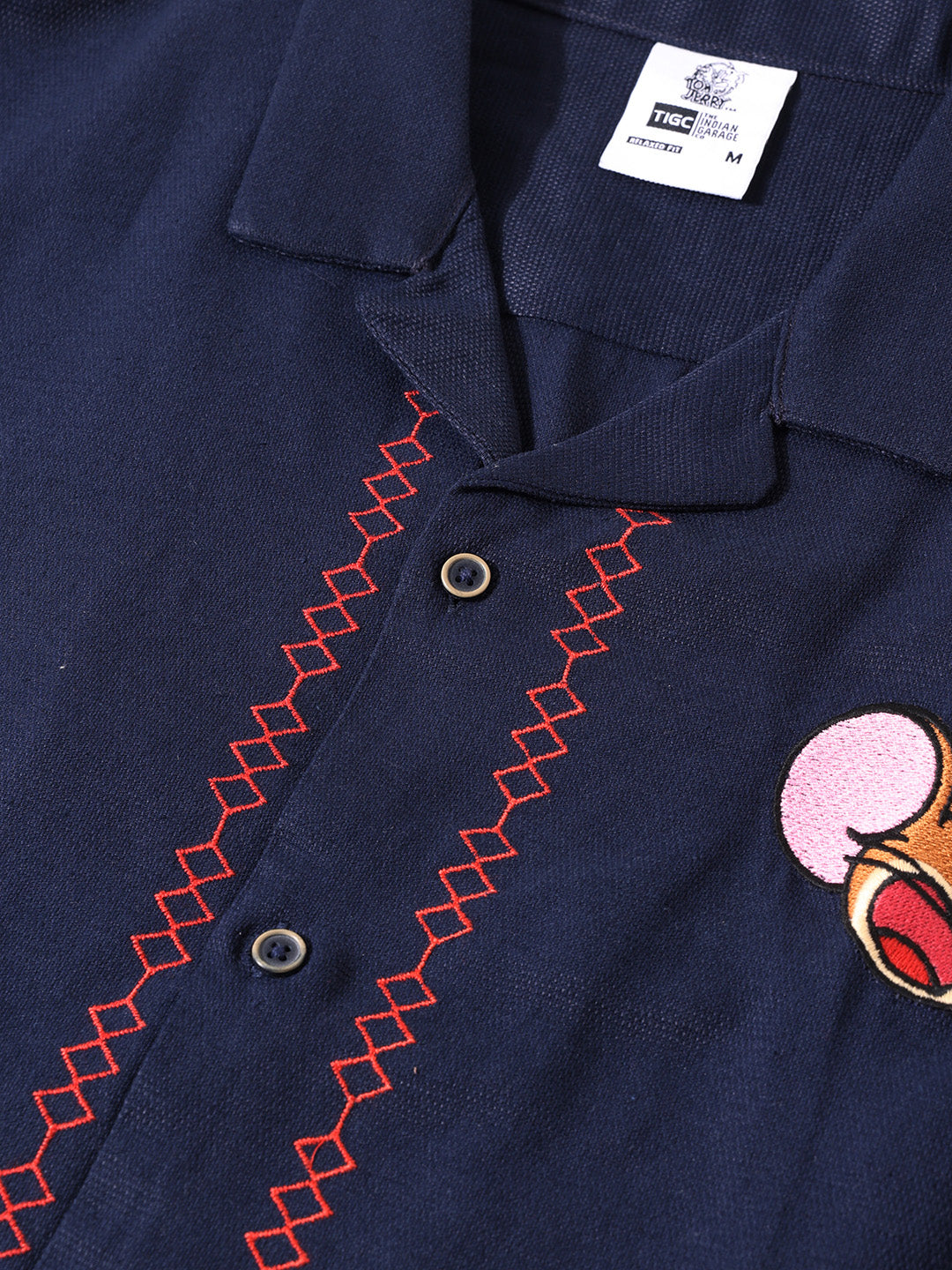Men's Blue Relaxed Fit Embroidered Tom&Jerry Character Shirt