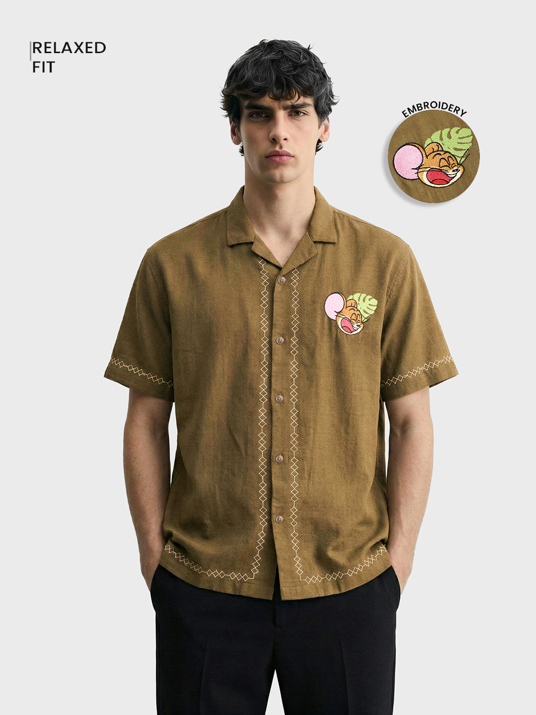 Men's Olive Relaxed Fit Embroidered Tom&Jerry Character Shirt