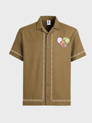 Men's Olive Relaxed Fit Embroidered Tom&Jerry Character Shirt