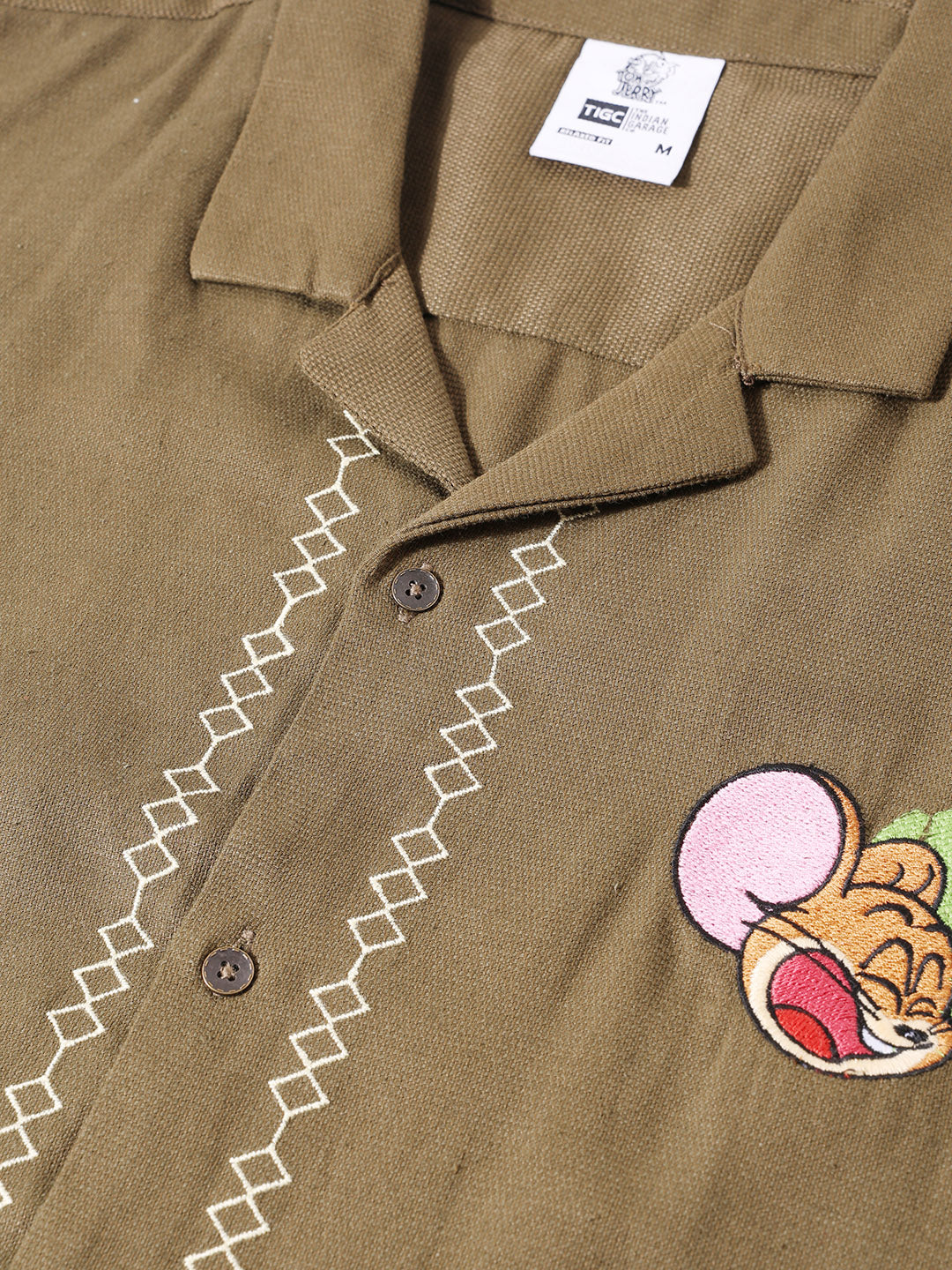 Men's Olive Relaxed Fit Embroidered Tom&Jerry Character Shirt