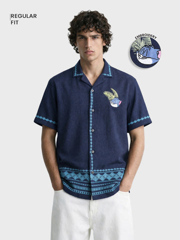 Men's Blue Relaxed Fit Embroidered Shirt