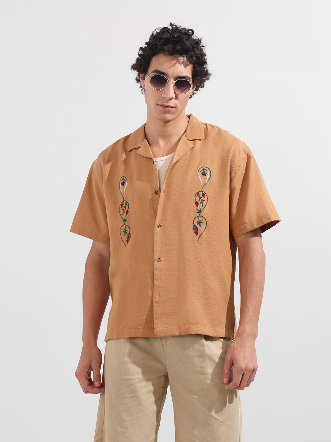 Men's Yellow Relaxed Fit Embroidered Tom&Jerry Character Shirt
