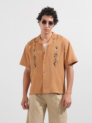 Men's Yellow Relaxed Fit Embroidered Tom&Jerry Character Shirt