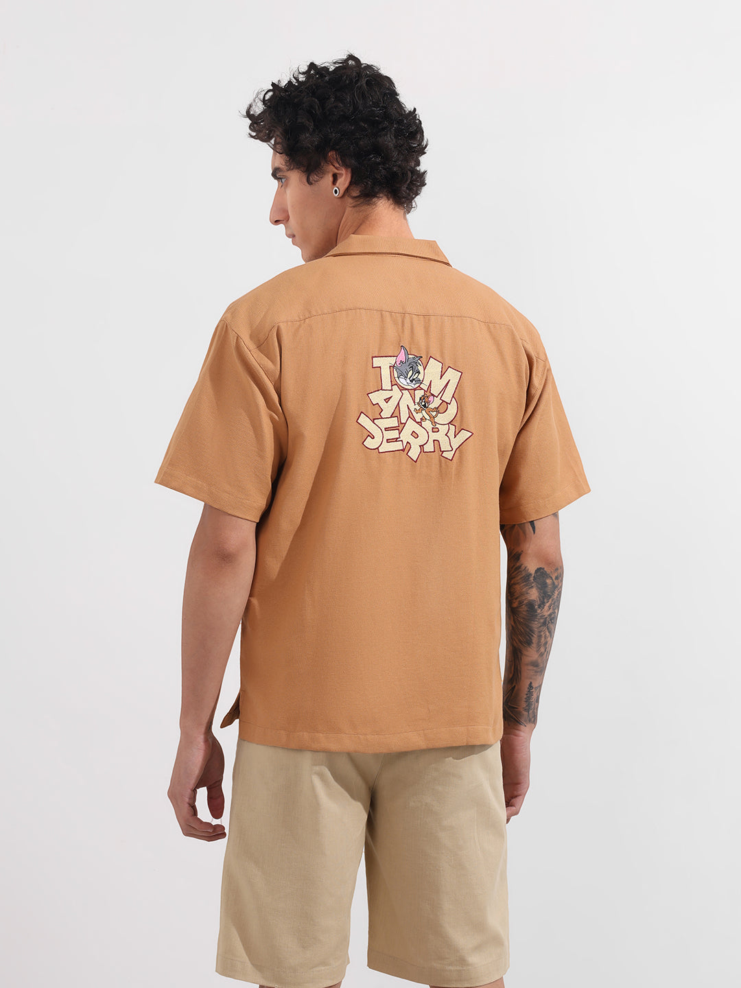 Men's Yellow Relaxed Fit Embroidered Tom&Jerry Character Shirt