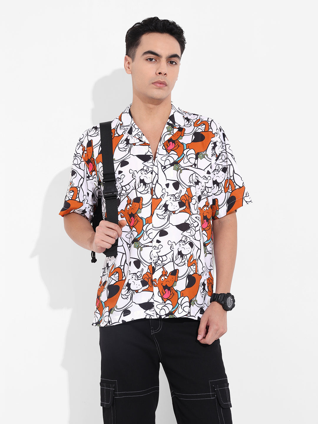 Men's White Relaxed Fit Scooby Doo Character Printed Shirt