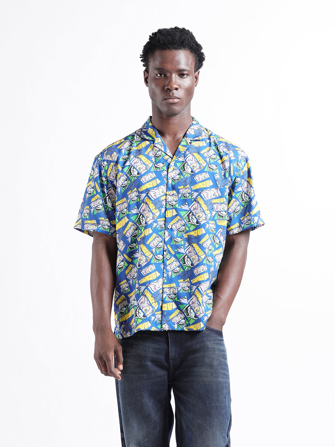 Men's Blue Relaxed Fit Character Tom & Jerry Printed Shirt