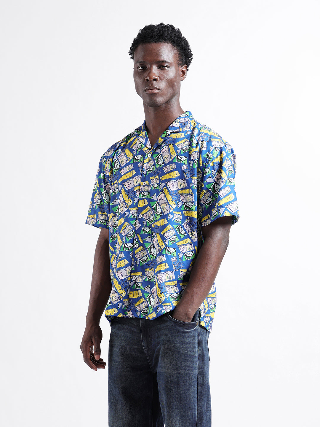 Men's Blue Relaxed Fit Character Tom & Jerry Printed Shirt