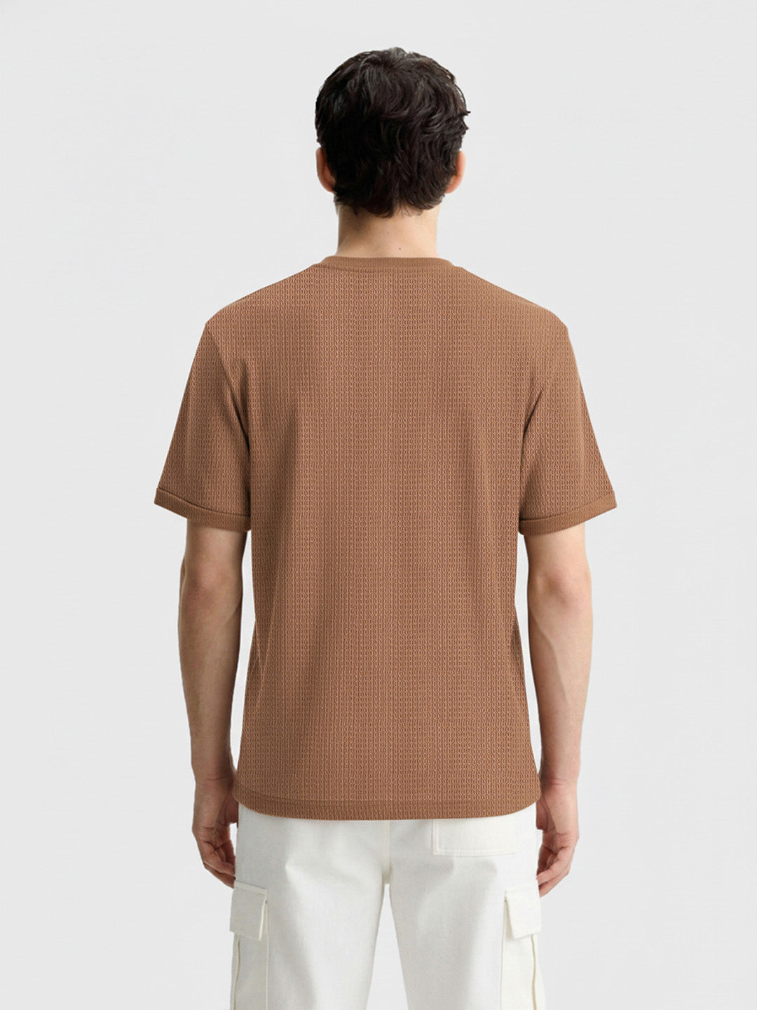 Men's Beige Boxy Fit Textured Casual T-Shirt