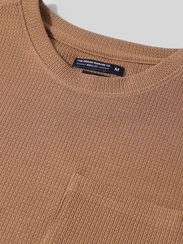 Men's Beige Boxy Fit Textured Casual T-Shirt
