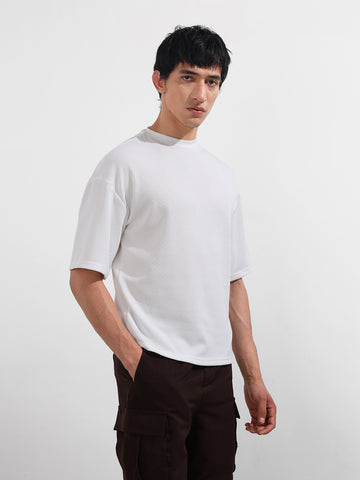 Men's White Boxy Fit Textured Casual T-Shirt