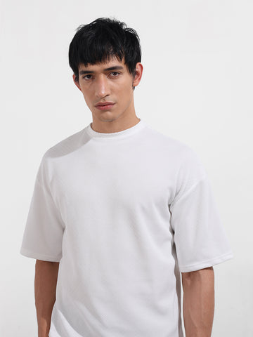 Men's White Boxy Fit Textured Casual T-Shirt