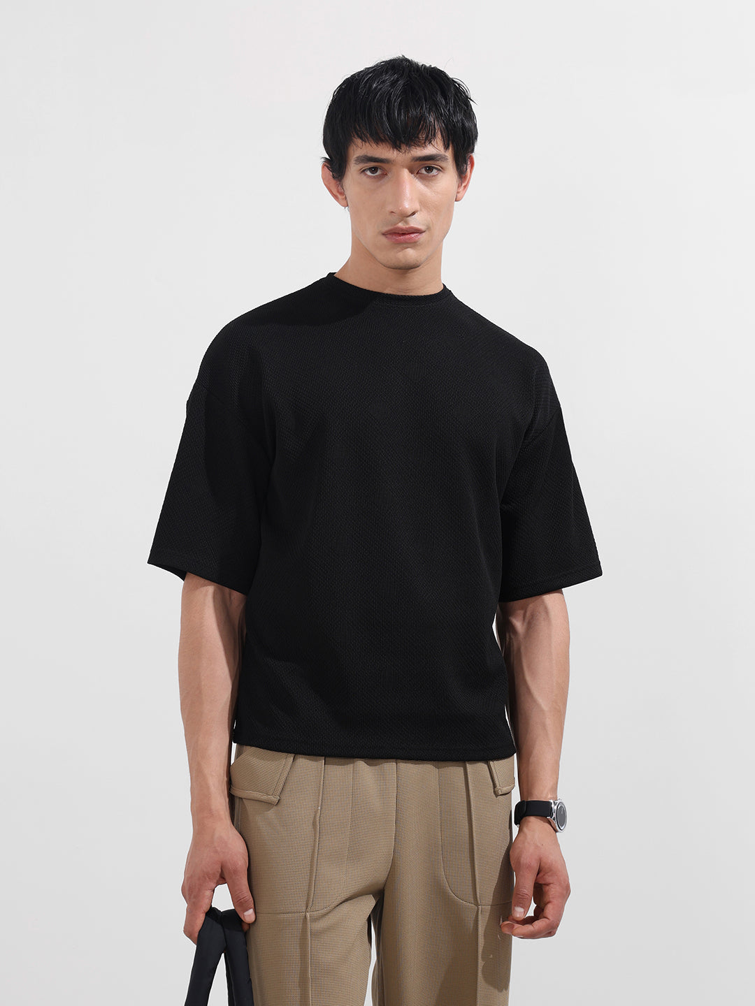 Men's Black Boxy Fit Textured Casual T-Shirt