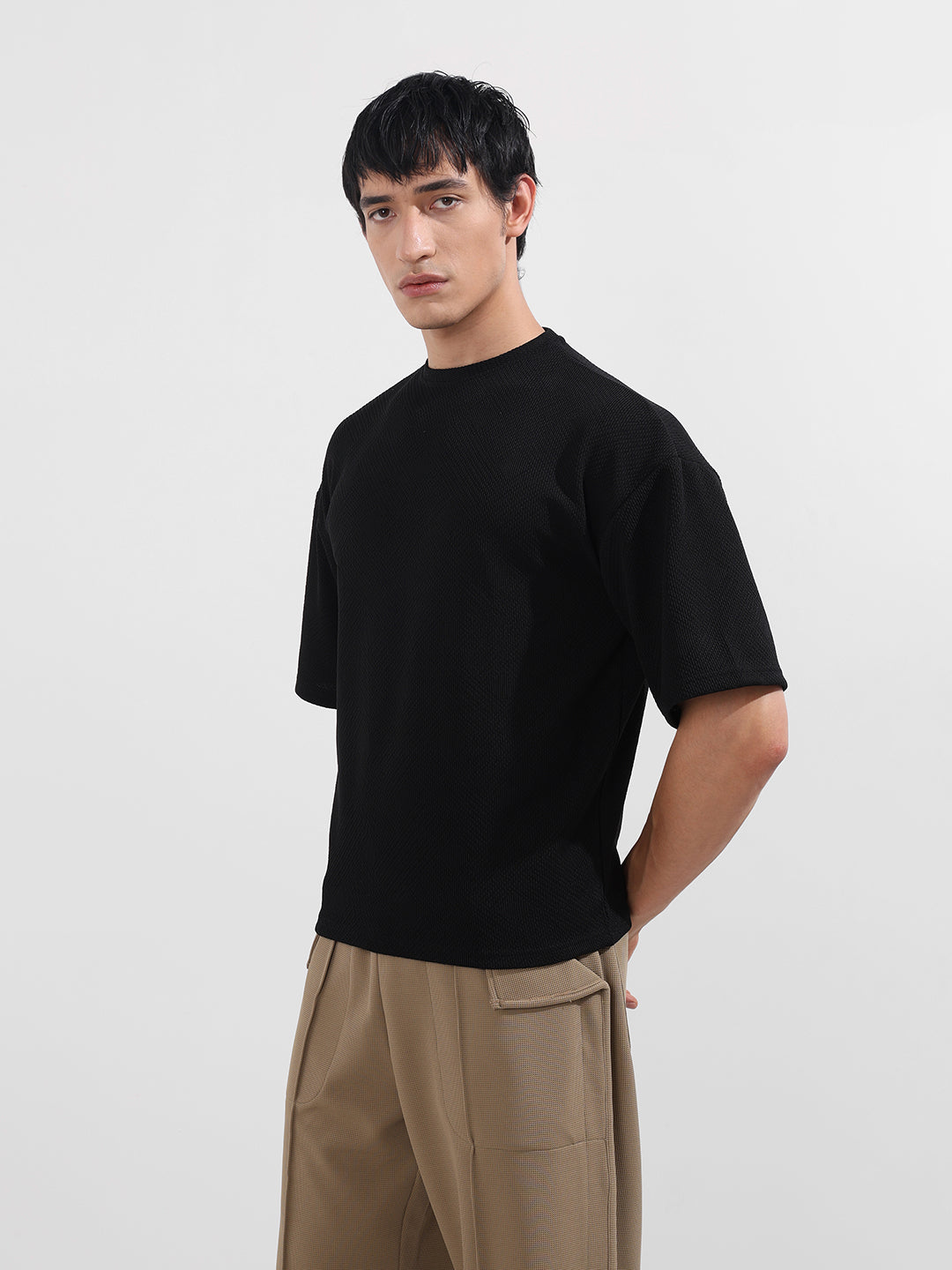 Men's Black Boxy Fit Textured Casual T-Shirt