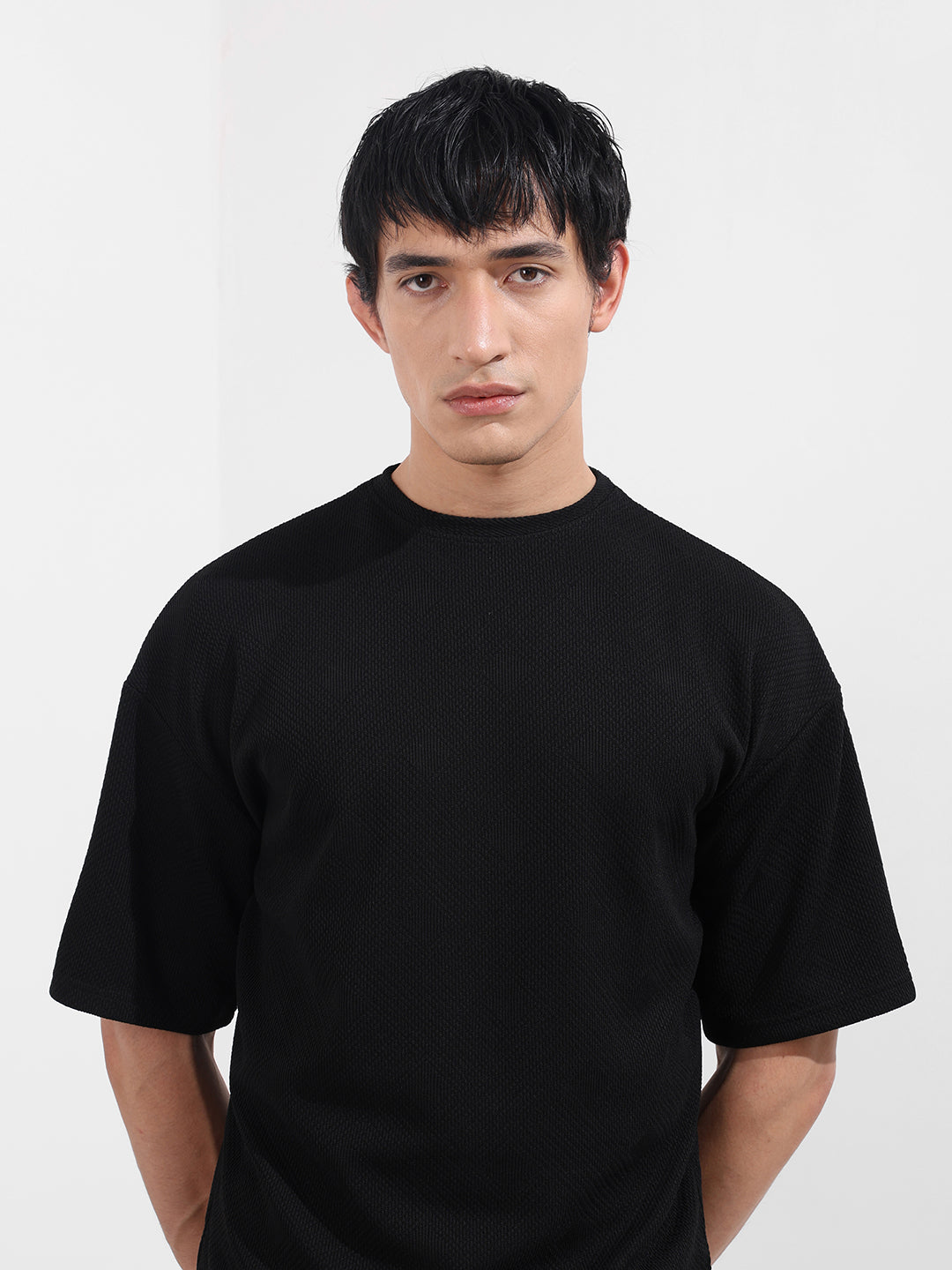 Men's Black Boxy Fit Textured Casual T-Shirt