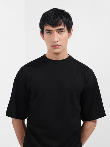 Men's Black Boxy Fit Textured Casual T-Shirt