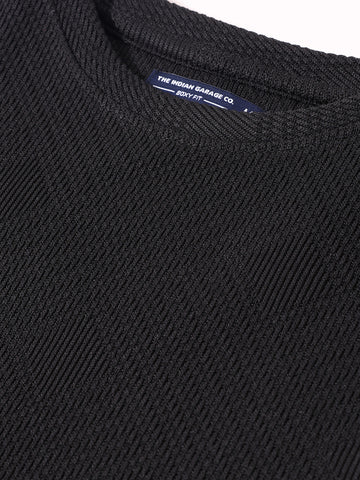 Men's Black Boxy Fit Textured Casual T-Shirt