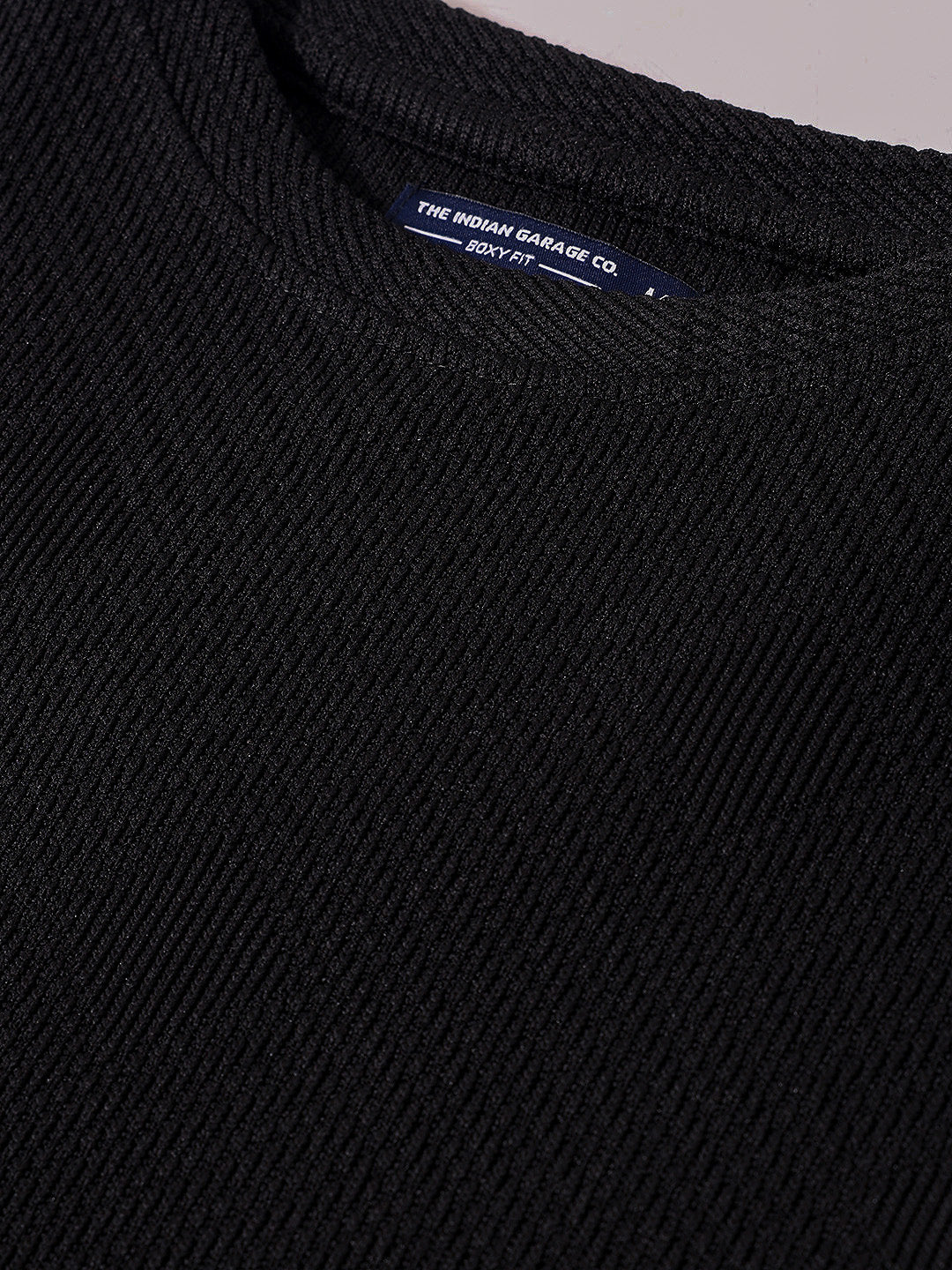 Men's Black Boxy Fit Textured Casual T-Shirt