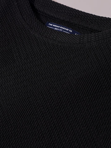 Men's Black Boxy Fit Textured Casual T-Shirt