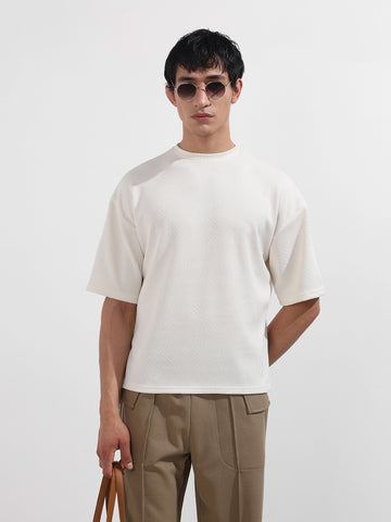 Men's White Boxy Fit Textured Casual T-Shirt