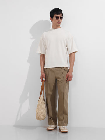 Men's White Boxy Fit Textured Casual T-Shirt