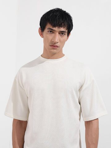 Men's White Boxy Fit Textured Casual T-Shirt