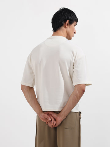Men's White Boxy Fit Textured Casual T-Shirt