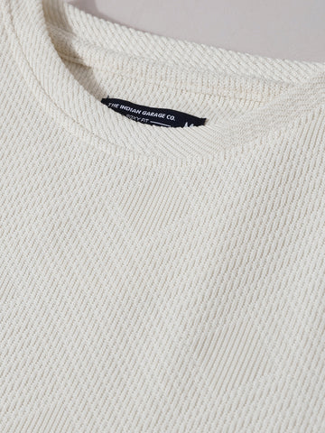 Men's White Boxy Fit Textured Casual T-Shirt