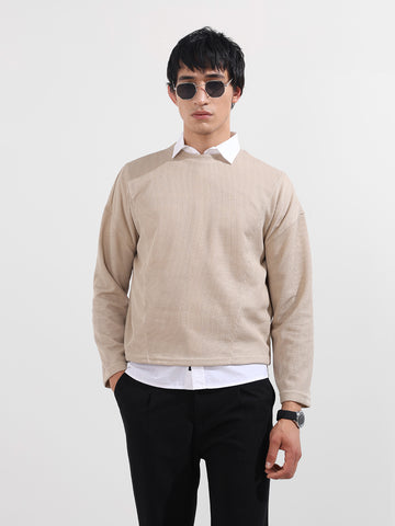 Men's Beige Boxy Fit Textured Casual T-Shirt