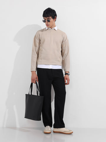 Men's Beige Boxy Fit Textured Casual T-Shirt