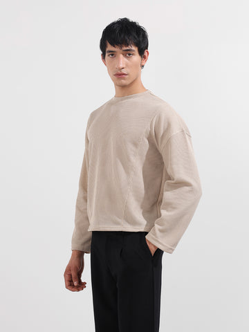 Men's Beige Boxy Fit Textured Casual T-Shirt