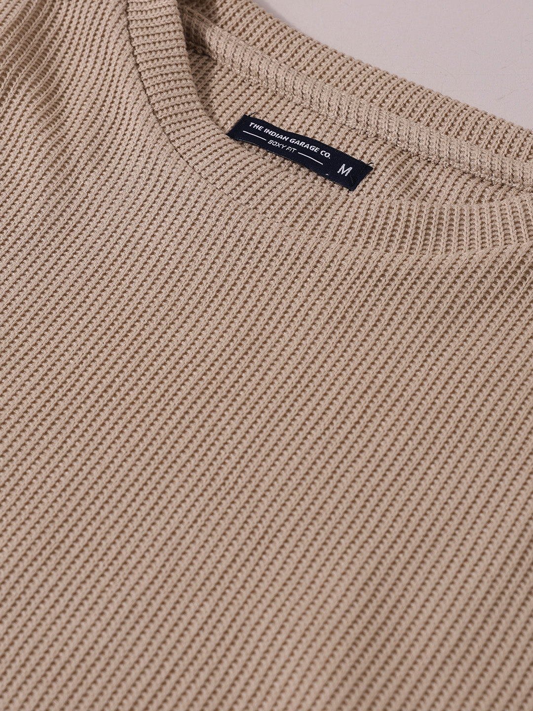 Men's Beige Boxy Fit Textured Casual T-Shirt