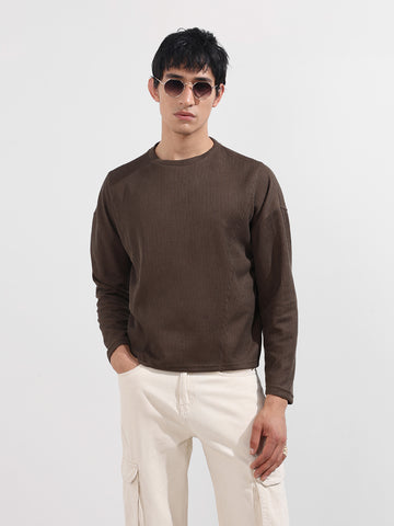 Men's Brown Boxy Fit Textured Casual T-Shirt