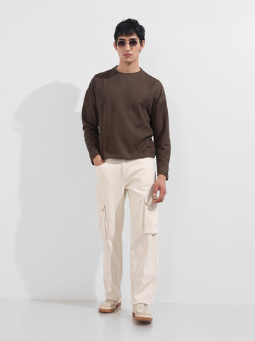 Men's Brown Boxy Fit Textured Casual T-Shirt