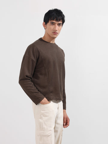 Men's Brown Boxy Fit Textured Casual T-Shirt