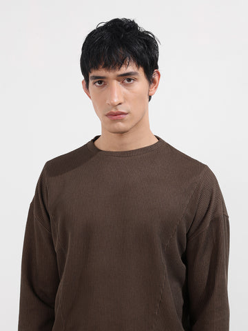 Men's Brown Boxy Fit Textured Casual T-Shirt