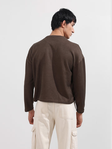 Men's Brown Boxy Fit Textured Casual T-Shirt
